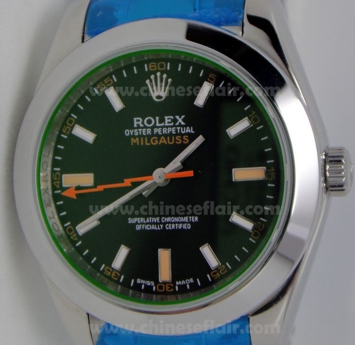 Replica Rolex Milgauss SS Black Face 40mm Watch - Green Crystal